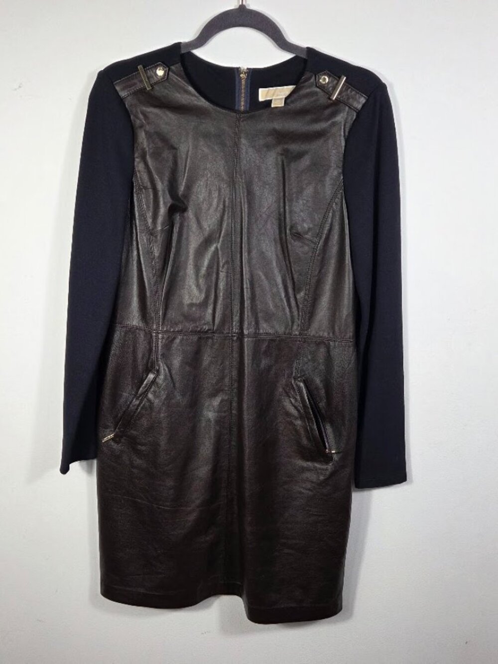 Michael Kors Soft Lambskin Leather Long Sleeve Shift Mixed-Media Dress Size 10